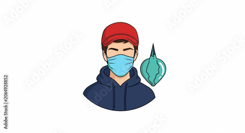 A cartoon man in a blue mask and red cap