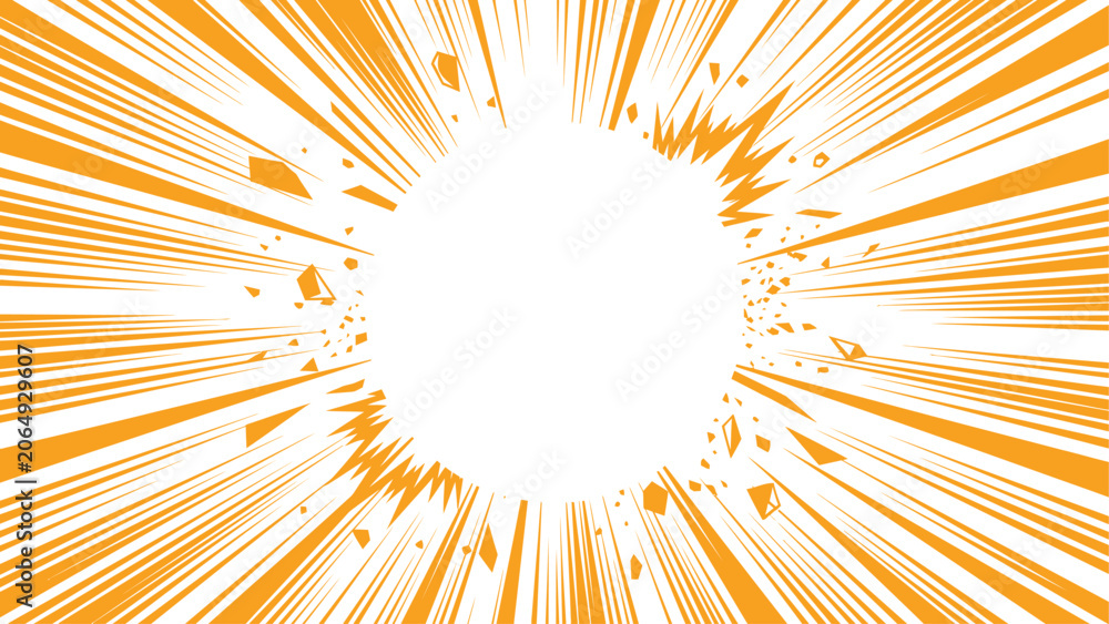 Fototapeta premium Orange sunburst radial burst graphic with white center circle for comics, banners and design projects. Abstract vector background.