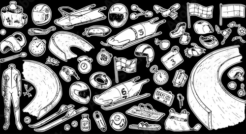 Tableau sur toile Winter Sports Bobsleigh, Luge, and Skeleton Equipment Monochrome Line Art Vector