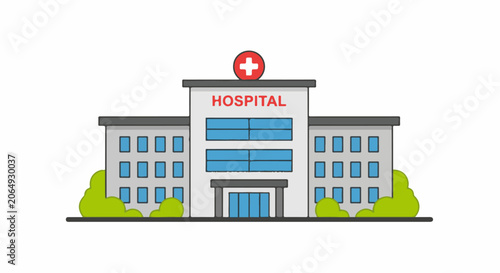 A cartoon-style hospital building with a red cross on top