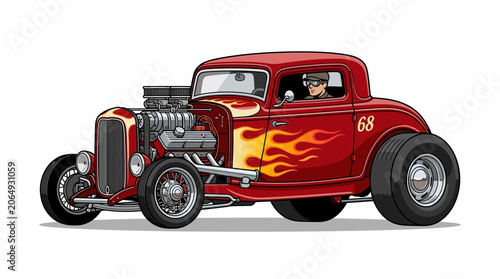 Bild auf Leinwand Vintage hot rod car with flames and driver
