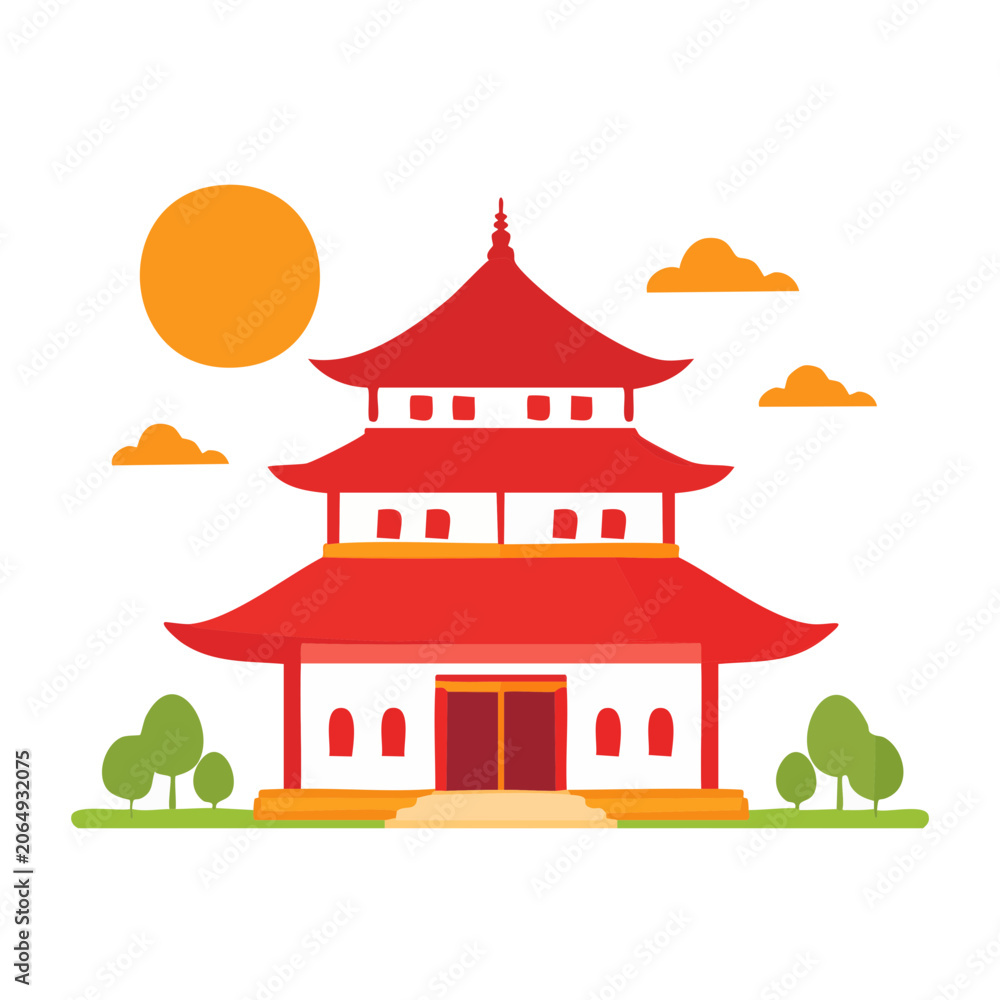 Obraz premium Red Pagoda Temple Illustration with Flat Design