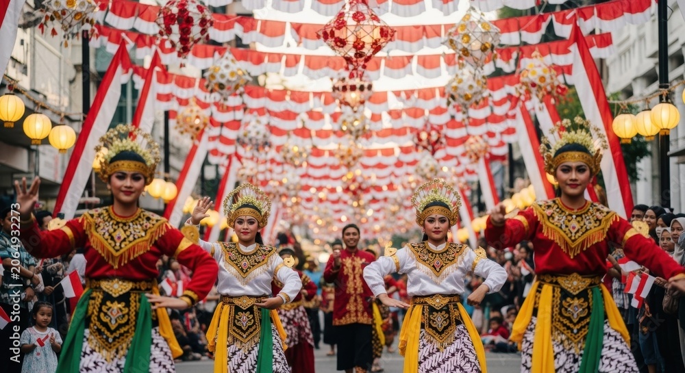 Fototapeta premium Indonesian Traditional Dancers in Vibrant Costumes Performing During a Festival Parade.