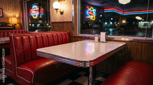 Retro Diner Booth with Vintage Neon Signs and Empty Table