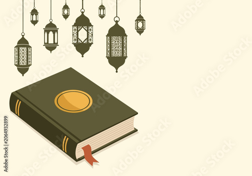 Foto Holy Quran with Hanging Lanterns Illustration for Ramadan and Islamic Background