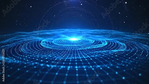 Abstract blue digital network grid with glowing circular data particles
