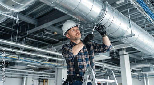 Professional HVAC technician tightening metal ductwork with wrench in modern industrial building. White man inspecting ventilation system installation on a ladder in spacious plant interior.