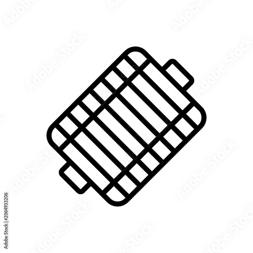 A simple black outline icon of a tilted rectangular barbecue grill grate with side handles representing outdoor cooking and food preparation.