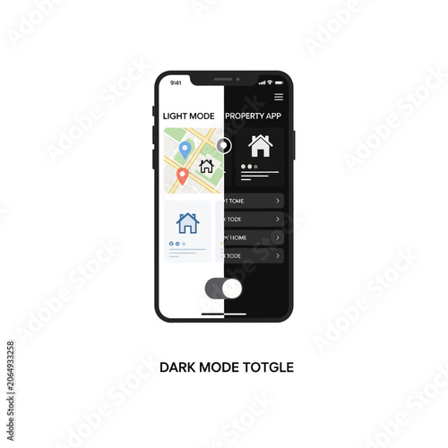 Smartphone App Interface with Dark Mode Toggle Feature.