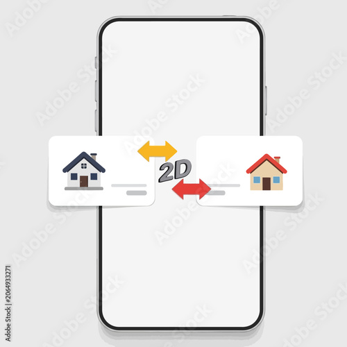 Smartphone displaying 2D to 3D house conversion concept.