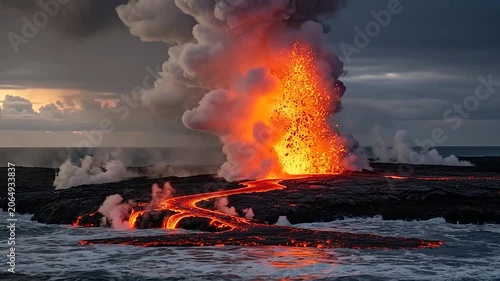 Molten lava erupts from a coastal volcano into the ocean at dusk