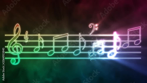 Glowing rainbow musical notes on a dark background