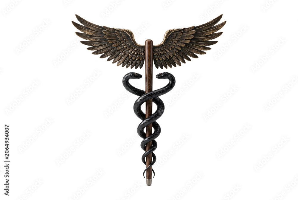 Fototapeta premium Bronze gold caduceus medical symbol with dark feathered wings and two black serpents entwined around dark wooden staff.