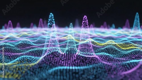 Abstract digital wave of glowing particles on dark background