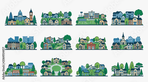 Foto Illustrated Village Scenes with Green Landscapes.