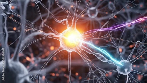 Abstract visualization of neural network firing with glowing electrical impulses