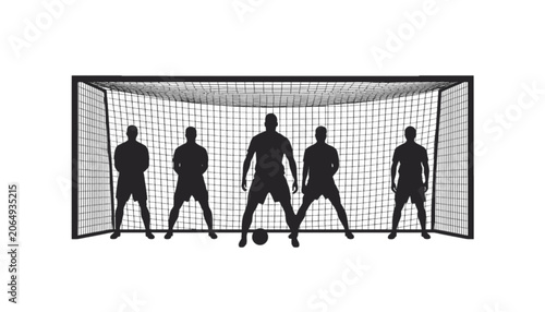 Soccer players stand in a defensive wall formation on the pitch during a competitive football match.