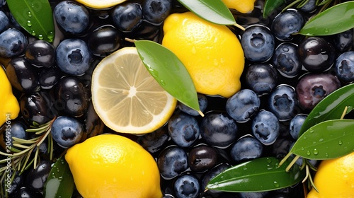 Watercolor seamless pattern of olives and lemons with blueberries
