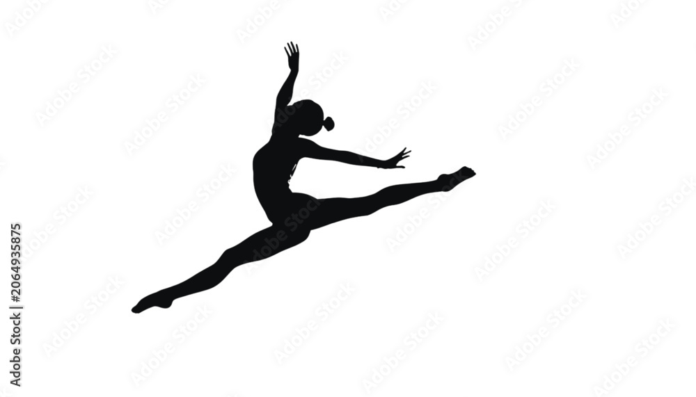 Fototapeta premium Gymnast silhouette performs an elegant mid-air leap against a clean white background for display.