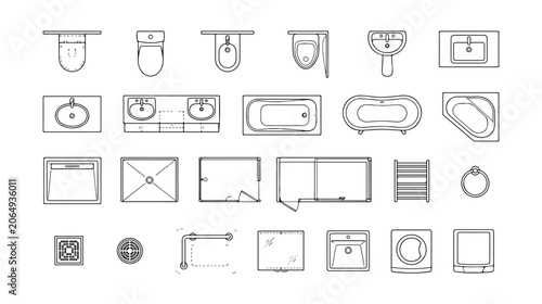 Foto Architectural bathroom floor plan symbols, 26 plumbing fixture icons for interio
