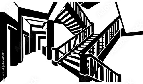 Abstract geometric stairs vector graphic bold black and white hallway interior silhouette illustration