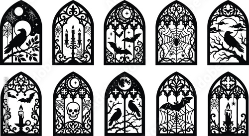 Set of Gothic Window Silhouettes with Halloween Elements: Ravens, Bats, Skulls, and Spiderwebs
