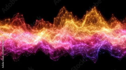 Fluorescent polygonal network pulses across a dark background displaying data waves
