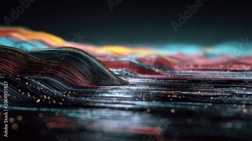 Abstract luminous threads form dynamic, undulating digital terrain in dark space