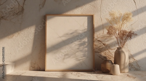 Blank vertical picture frame rests against textured wall with dried floral arrangement during strong daylight.