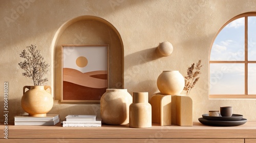 Earth toned decorative objects are arranged on a wooden surface against a textured wall with architectural niches and a window view.