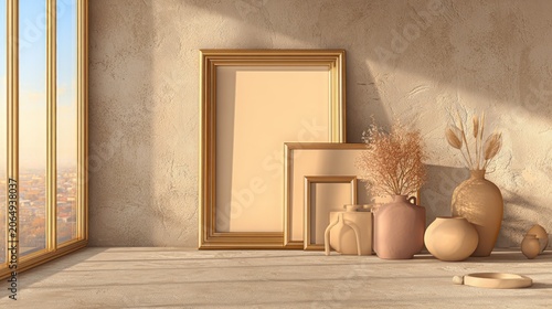 Several empty picture frames rest beside a collection of ceramic vases with dried botanicals near a sunlit window overlooking a cityscape