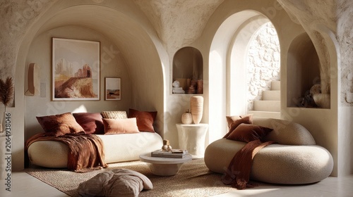 Earth toned contemporary living space features soft curved furniture and arched architectural details bathed in sunlight
