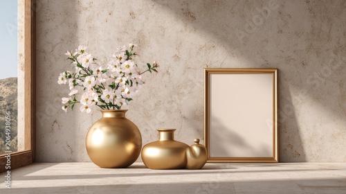 Golden decorative vessels and empty picture frame sit illuminated by natural sunlight beside a window.