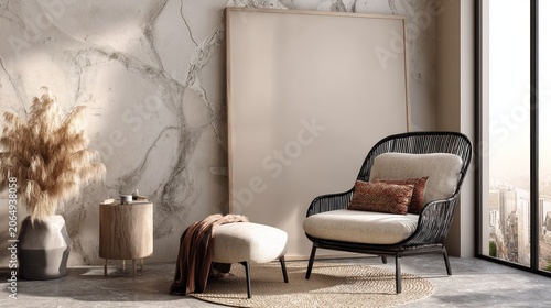 Contemporary interior design showcases a stylish seating arrangement beside a textured wall and expansive window view