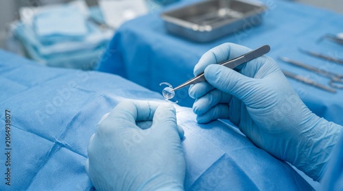 Ophthalmologist holding an intraocular lens with surgical tweezers during cataract surgery. Surgeon performing eye care procedure in operating room. Innovative medical vision correction.