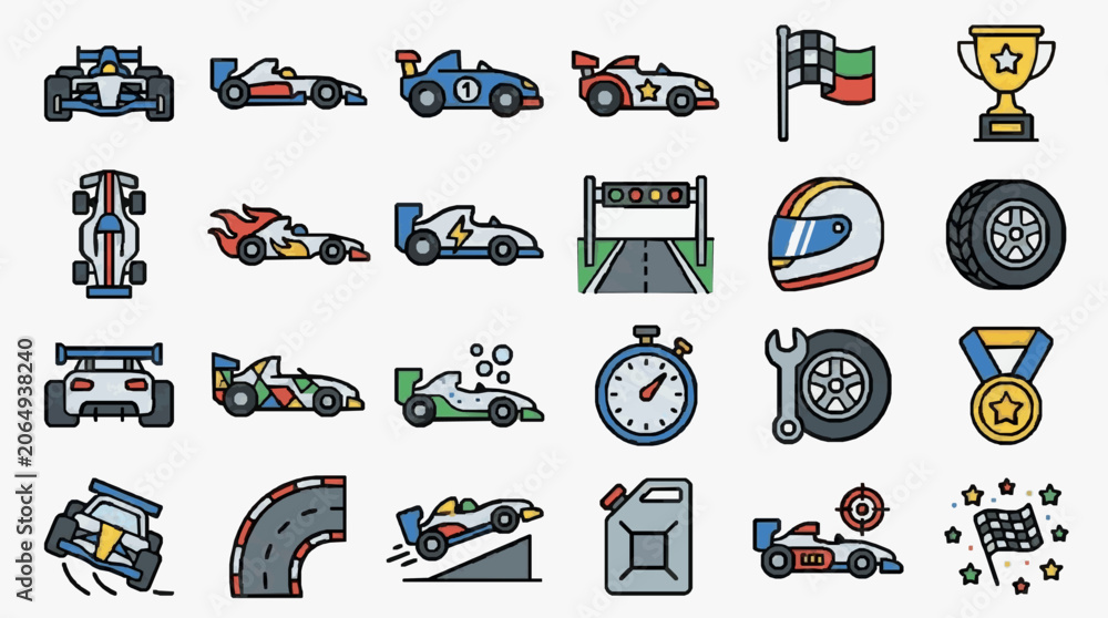 Naklejka premium Modern Racing Icons A Comprehensive Collection of Formula and Motorsport Elements with high professional line art symbols for modern creative design and digital branding projects