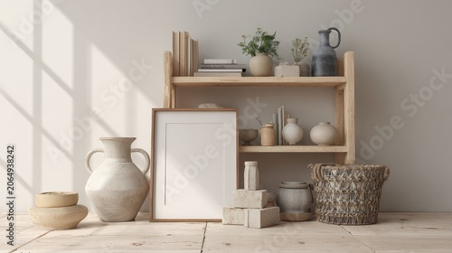 Interior scene displays natural decor elements and an empty picture frame against a softly lit wall