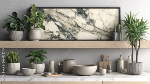 Minimalist kitchen shelving unit displays potted greenery and natural stone artwork above countertop accessories