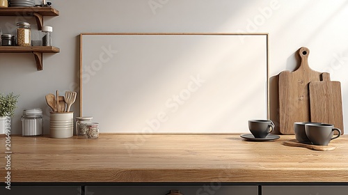 Blank picture frame rests upon a wooden kitchen counter surrounded by domestic supplies and sunlight.