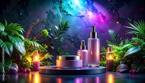 A serene arrangement of beauty products surrounded by lush greenery and soft candlelight