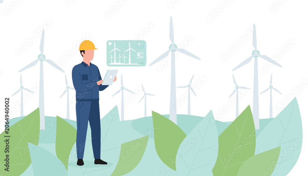 Naklejka premium Technician in yellow hard hat inspects wind turbine performance data on digital tablet near large green leaves in renewable energy field.