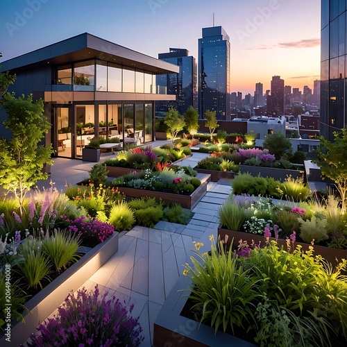 A serene rooftop garden overlooking a city skyline at sunset (66)