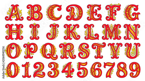 Canvastavla Red and gold traditional slavic style decorative alphabet and digits