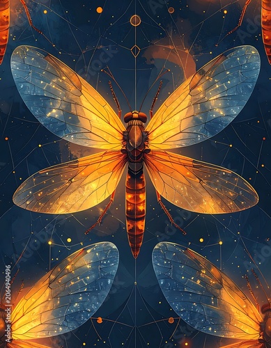 A symmetrical artwork of a glowing insect with translucent wings