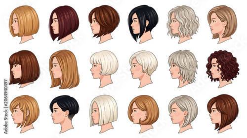 Clean flat-vector illustration of 16 bob haircut side‑profile portraits with variations in length, angle and texture