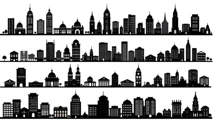 Set of four distinct city skylines and urban building silhouettes.