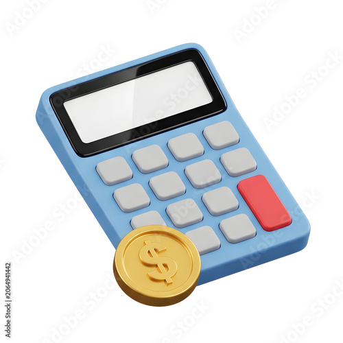 Blue Calculator with Coin - 3D Render