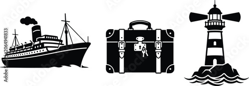 Fotografía Vintage Maritime Cruise Travel Silhouette Vector Set Featuring Ocean Liner Steam