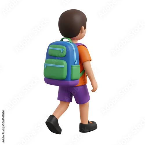 3D Cartoon Boy Walking with Backpack