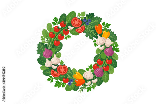 Vegetable wreath frame with fresh ingredients on white background